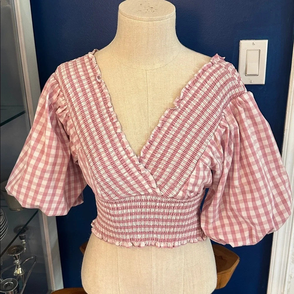 Women’s Abercrombie & Fitch Gingham Smocked Puff-Sleeve Crop Top Size XS